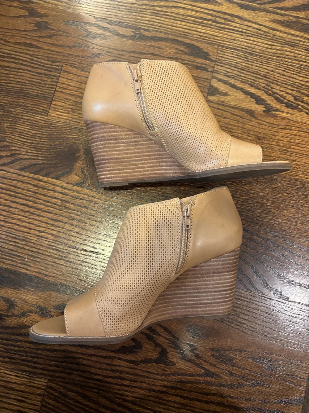 Lucky Brand Tan Perforated Open-Toe Wedge Booties